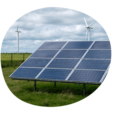 solar panels in a field with wind turbines behind