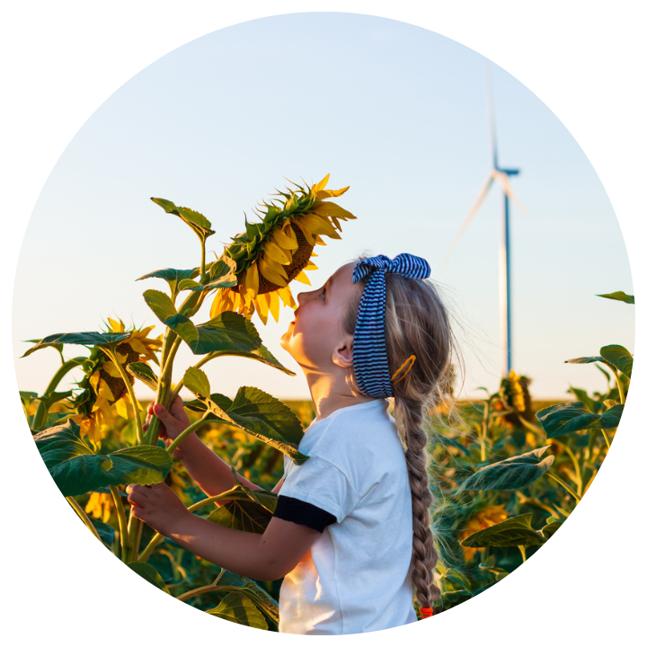 Girl in a sunflower field with a wind turbine in the background